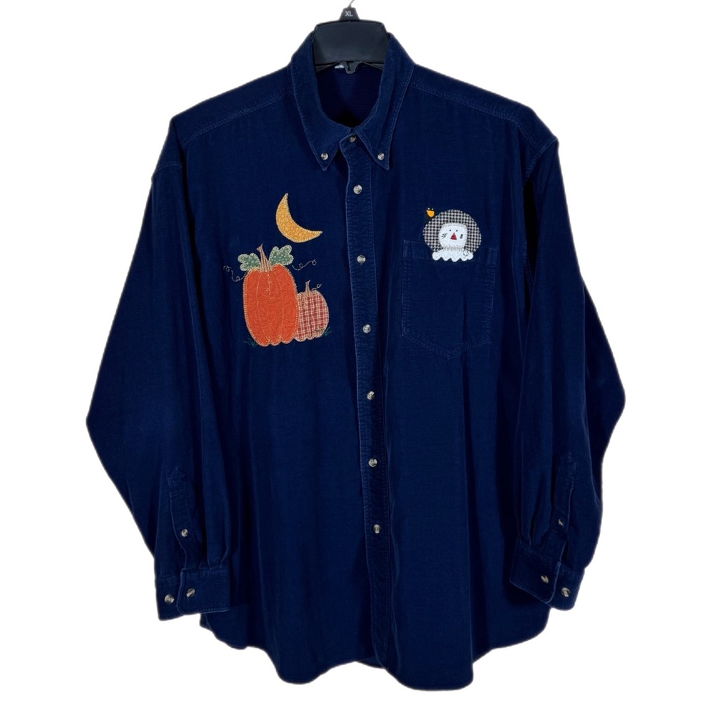 Vintage Oversized Autumn Corduroy Button Down Top XL Navy Pumpkins Scarecrow
